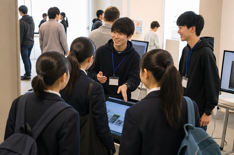 オープンキャンパスの体験授業で高校生がデジタル作品を制作している様子