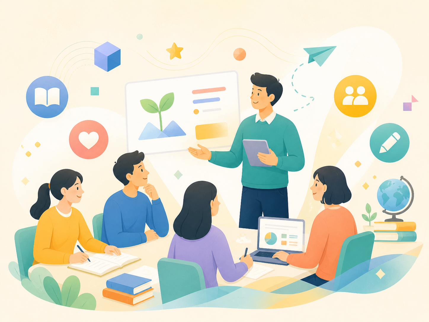 ゼミで学ぶ学生たちのイラスト